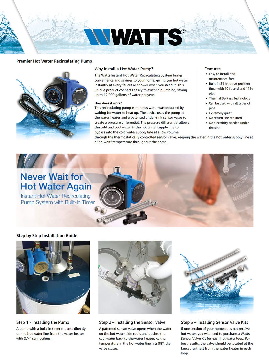 Watts Hot Water Recirculating System Sensor Valve Kit Sensor Valve Kit